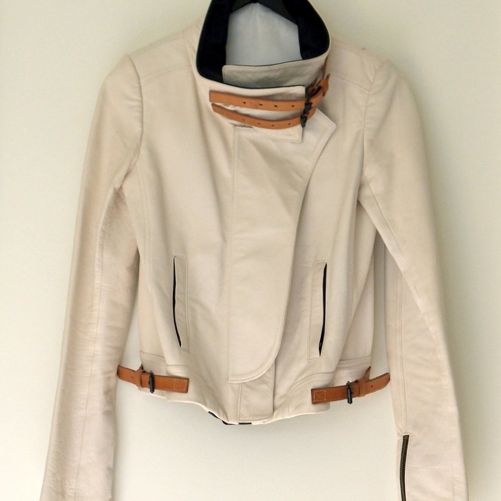 A.L.C. Ivory Cream Genuine Leather Biker Moto Buckles Jacket 2